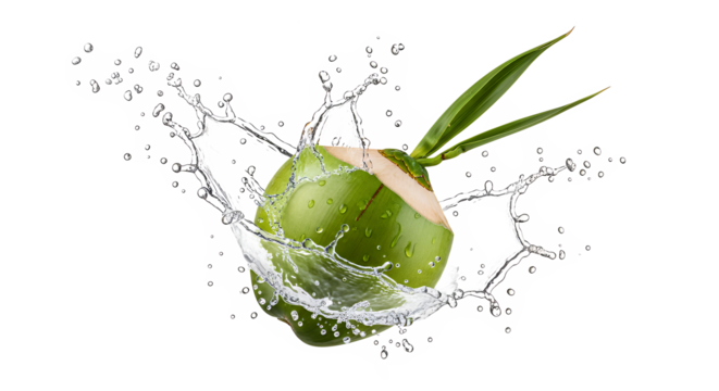 Fresh green coconut with water splash, healthy tropical beverage and refreshment