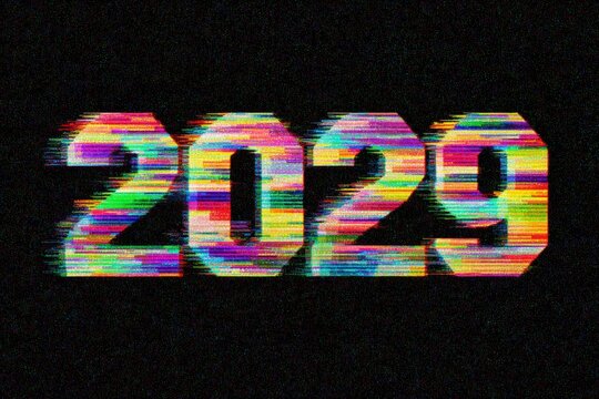 Vibrant 2029 Year with Colorful Glitch Effect on Dark Background