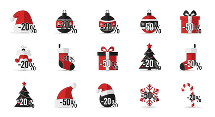 Christmas Sale Icons: A vibrant collection of Christmas-themed icons showcasing a range of festive decorations and gift boxes, all highlighting promotional discounts for the holiday season.