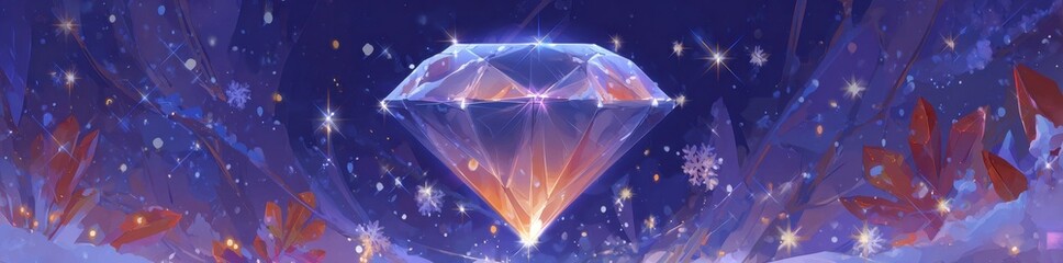 Vibrant photo of a radiant diamond glows with ethereal light in a magical winter setting