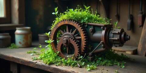 Rustic Gear Mechanism Planted with Lush Greenery in a Vintage Workshop Setting