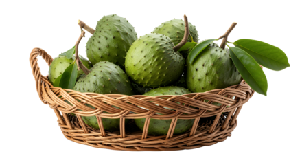 Organic soursop, also known as graviola or guanabana, in a rustic wicker basket with green leaves, isolated on a white background