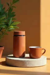 Earthenware tumbler and mug on a textured circular base bathed in sunlight next to a potted plant