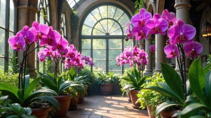 Sunlit Conservatory with Vibrant Pink Orchids in Terracotta Pots