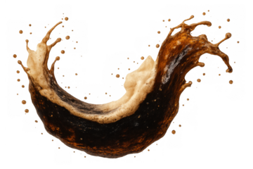 Refreshing brown soda splash with bubbles and dynamic liquid movement, creating an exciting fluid wave on transparent background
