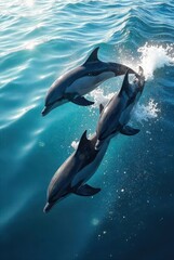 Oceanic Trio Dolphins playfully leaping through sunlit waves, a vibrant display of marine wildlife in their natural habitat.
