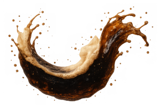 Refreshing brown soda splash with bubbles and dynamic liquid movement, creating an exciting fluid wave on transparent background