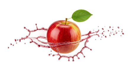 A fresh, juicy red apple with a single green leaf suspended in a dynamic splash of natural apple juice, isolated on a white background