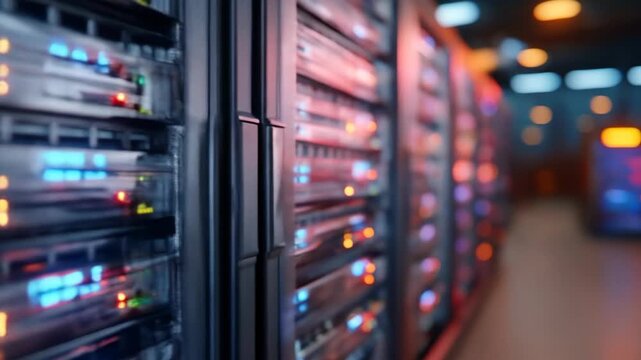 Modern data center server racks with blinking lights computer network technology infrastructure - Powered by Adobe