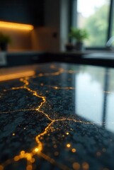 Illuminated Resin Surface with Golden Veins A Close-Up View of a Modern Kitchen Countertop Featuring Intricate Crackling Patterns and Subtle Glowing Lines