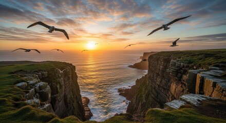 “Sunset over dramatic sea cliffs with soaring birds, golden light reflecting on calm ocean waves.”