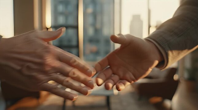 Business Partners Shaking Hands in Modern Office Setting with Natural Light