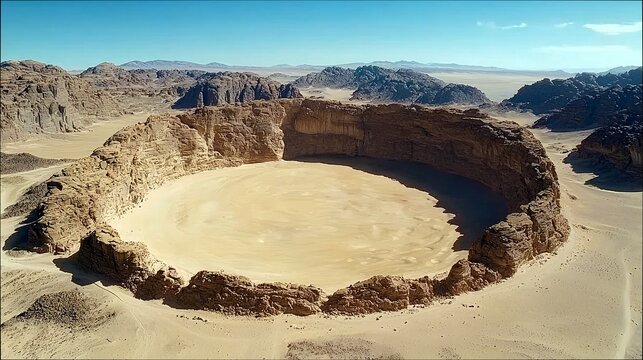 A large, circular crater formed by geological processes, with steep, layered rock walls and a flat, sandy interior, set within a vast, arid desert landscape. - Powered by Adobe