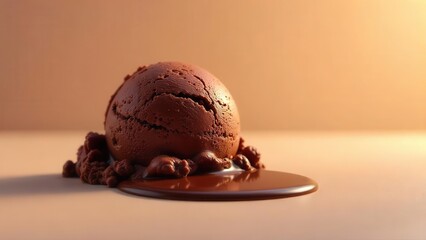 A delectable scoop of rich chocolate ice cream, melting luxuriously onto a bed of chocolate shavings, creating a decadent dessert scene.