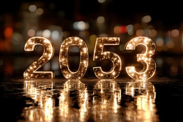 Illuminated Year 2053 with Sparkling Lights on Reflective Surface