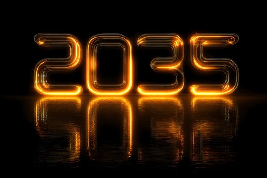 Futuristic Neon Numbers Glowing 2035 with Reflection in Darkness - Powered by Adobe
