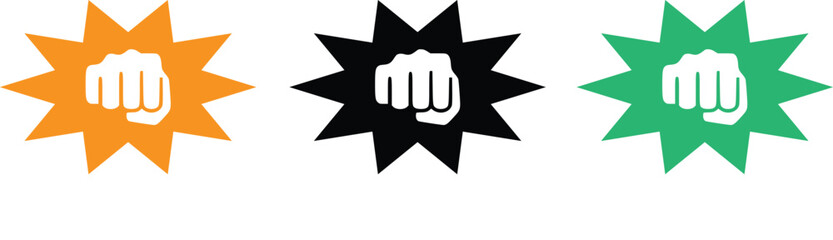 Three fists punching outward in starburst shapes orange black green vector © maxhabibullah001
