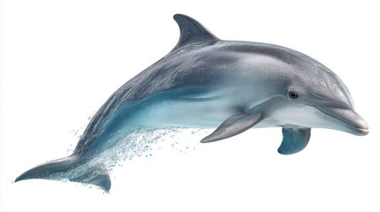 A dolphin leaps out of the water with grace, displaying its sleek body and joyful demeanor against a bright blue backdrop. This moment captures the beauty of marine life.