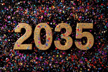 Golden Glitter 2035 on Colorful Confetti Background for Celebration