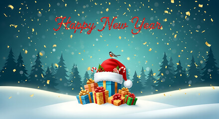 Festive christmas scene with santa hat and gifts in snowy forest