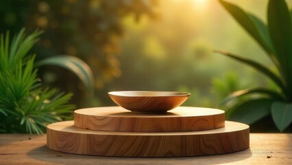 Serene Wooden Bowl Display on Stacked Round Platforms in a Lush Natural Setting