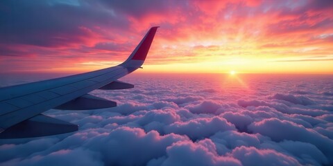 A breathtaking sunset view from an airplane wing, soaring above a sea of fluffy clouds painted in vibrant hues of pink and orange