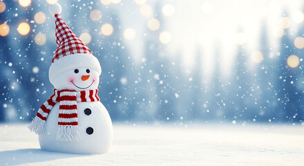 Cute snowman wearing a festive hat and scarf in a snowy winter forest