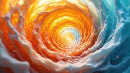 Abstract swirling vortex of vibrant hues, a journey through luminous orange and cool blue, leading to a radiant light
