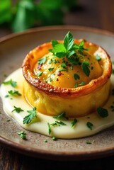 A Golden Crust Pastry Filled with Creamy Custard, Garnished with Fresh Herbs, Served on a Rustic Plate with a Delicate Sauce