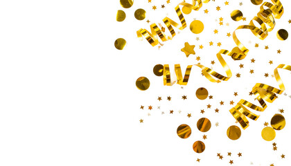 Golden confetti dots and curly ribbons scattered in the upper right corner of the frame on clean white background