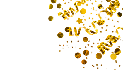 Golden confetti dots and curly ribbons scattered in the upper right corner of the frame on clean white background