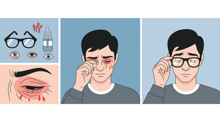 Illustration depicting a man experiencing symptoms of an eye infection, including redness, swelling, and discharge, along with visual aids like glasses and eye drops to manage the condition