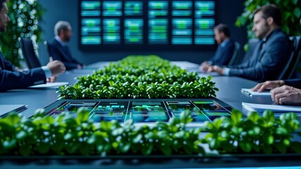 Futuristic boardroom with digital dashboard business meeting green plant technology data analytics corporate team strategy innovation modern - Powered by Adobe
