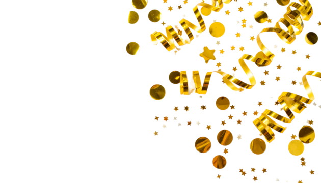 Golden confetti dots and curly ribbons scattered in the upper right corner of the frame on clean white background
