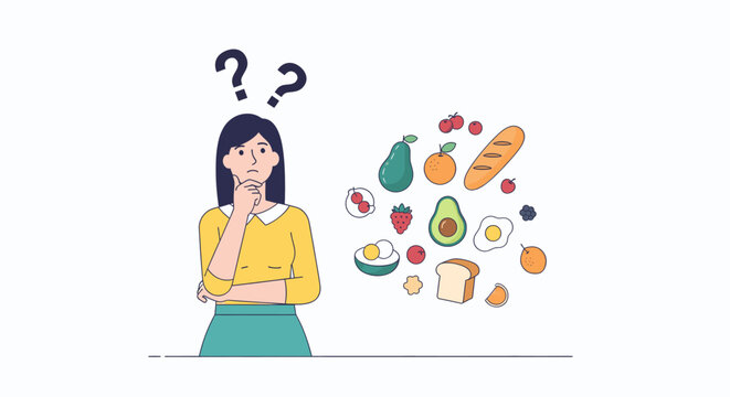 A woman is thinking about what to eat, with a thought bubble showing various food items, isolated on she seems indecisive about her meal choice