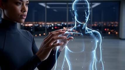 A Black woman engineer interacts with a glowing blue person icon, a 3D digital human avatar representing AI and metaverse technology in a futuristic city office at night. - Powered by Adobe