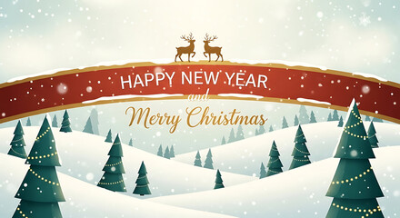 Festive winter landscape with merry christmas and happy new year banner and reindeer