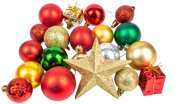 A pile of christmas ornaments including red, gold, green, and silver balls, plus a gold star, isolated cutout - Powered by Adobe