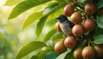 A small bird perches on a branch laden with ripe fruits amidst vibrant green leaves in natural light