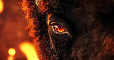 Close-up of a buffalo's eye glowing with fiery reflections amidst a dramatic background - Powered by Adobe