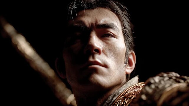 Close-up shot of a majestic Tang Dynasty general in armor