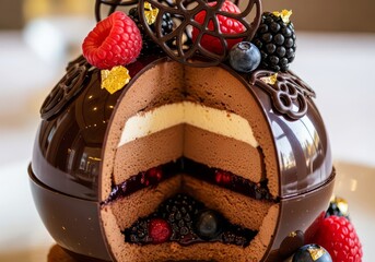 A sliced chocolate sphere cake topped with fresh raspberries and blackberries with gold leaf details