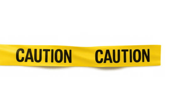 Yellow caution tape with caution text, symbolizing danger, warning, and limited access. Transparent background