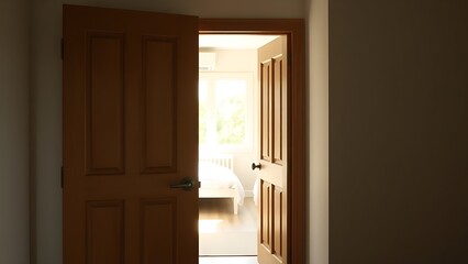 ajar. A slightly open wooden door revealing a tidy bedroom interior, illuminated by gentle sunlight for a cozy domestic feel. lifestyle magazines.