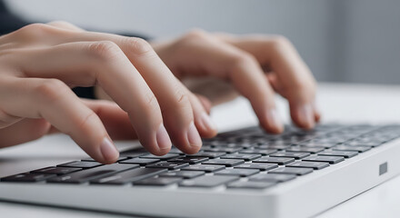 Close-up of hands typing on modern keyboard