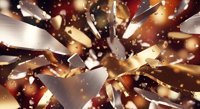 Abstract explosion of shattered metallic shards and glowing particles against a dark bokeh filled background