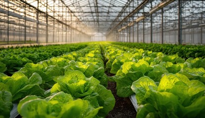 High quality photo of rows of fresh green lettuce growing in a modern agricultural greenhouse