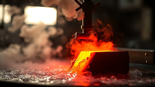 enthalpy. Red-hot steel being quenched in water, creating dramatic clouds of steam. safety posters, maintenance manuals, designed for industrial assembly lines and welding operations.