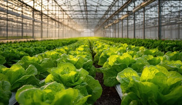 High quality photo of rows of fresh green lettuce growing in a modern agricultural greenhouse - Powered by Adobe
