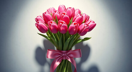 Bouquet of pink tulips tied with ribbon